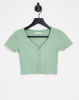 Pull&Bear cropped button down t-shirt in sage green