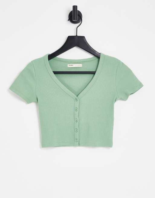 Pull&Bear cropped button down t-shirt in sage green
