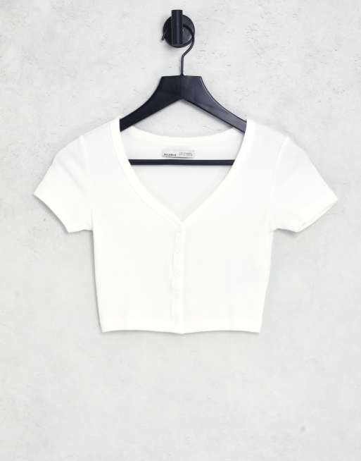 Pull&Bear cropped button down t-shirt in white