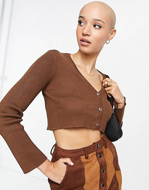 Pull&Bear cropped button front cardigan in brown