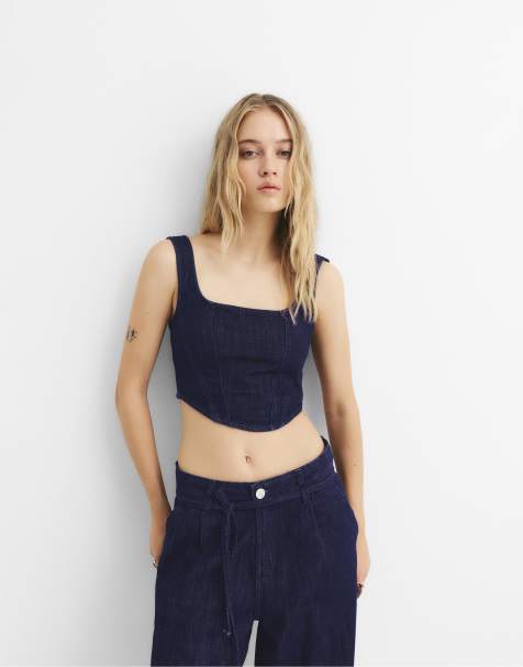 Pull&Bear Cropped corset top in navy - view 1