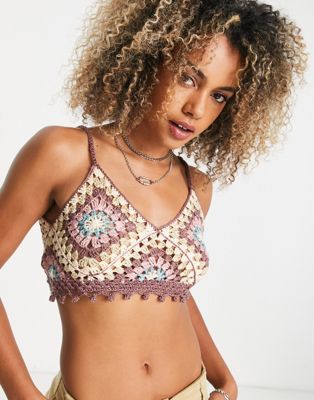 Pull & Bear Cropped Crochet Top In Multi-red