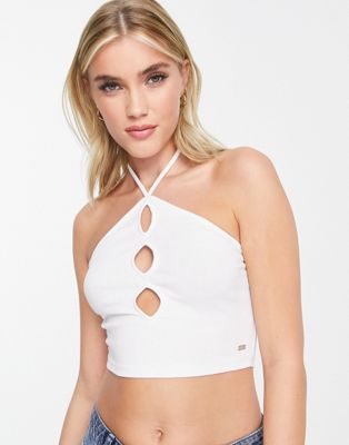 Pull&Bear cropped cut out halter neck top in white