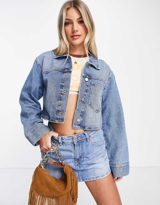 Cropped denim jacket pull and bear clearance