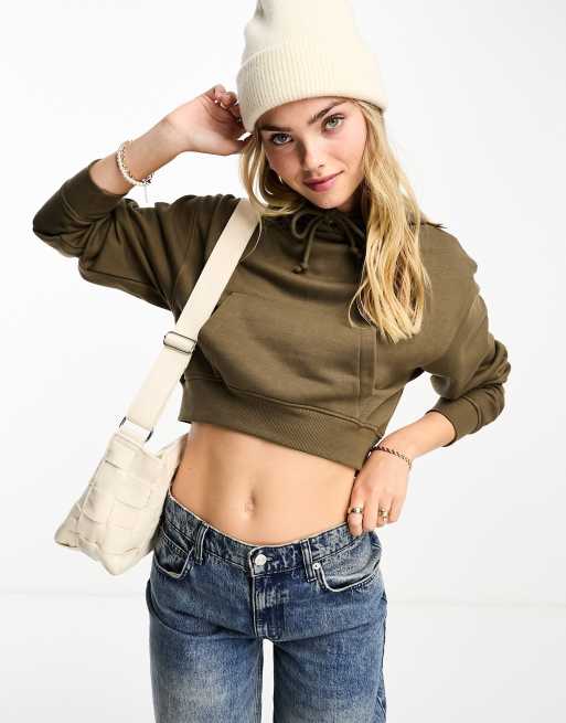 Pull&Bear cropped drawstring hoodie in khaki | ASOS