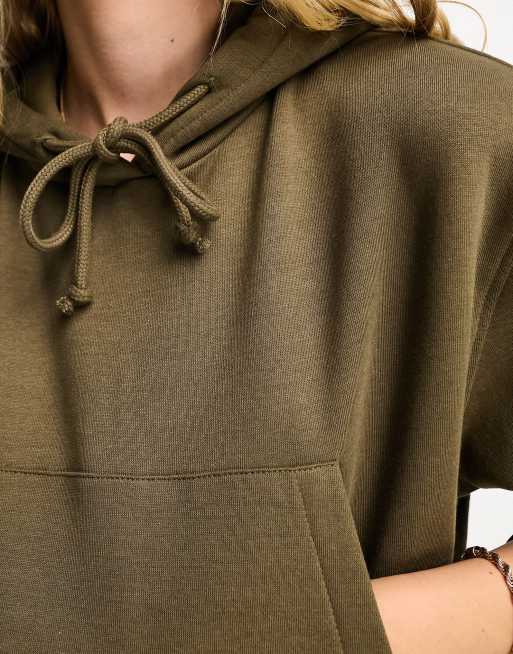 Pull&Bear cropped drawstring hoodie in khaki ASOS