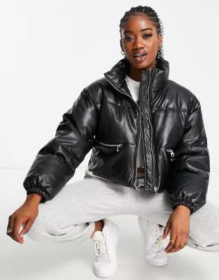 FAUX LEATHER PUFFER JACKET - Black