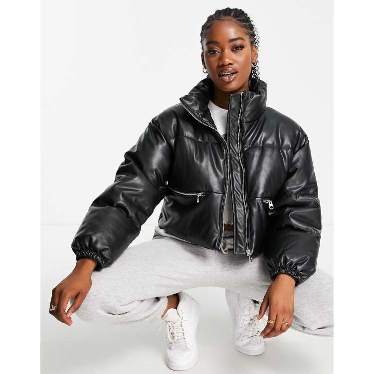 Pull Bear cropped faux leather puffer jacket in black