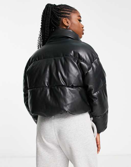 Pull&Bear cropped faux leather puffer jacket in black