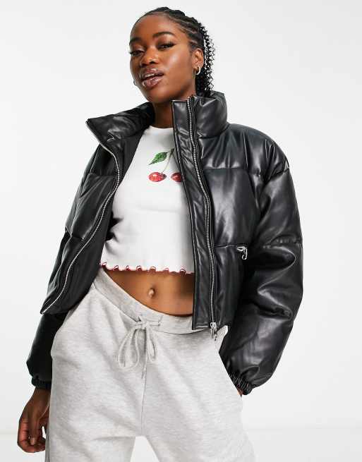 Pull&Bear cropped faux leather puffer jacket in black