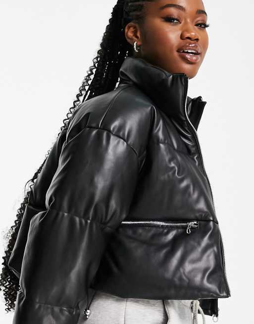 Pull&Bear cropped faux leather puffer jacket in black