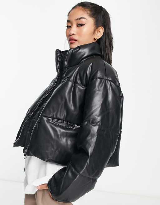 Pull&Bear cropped faux leather puffer jacket in black