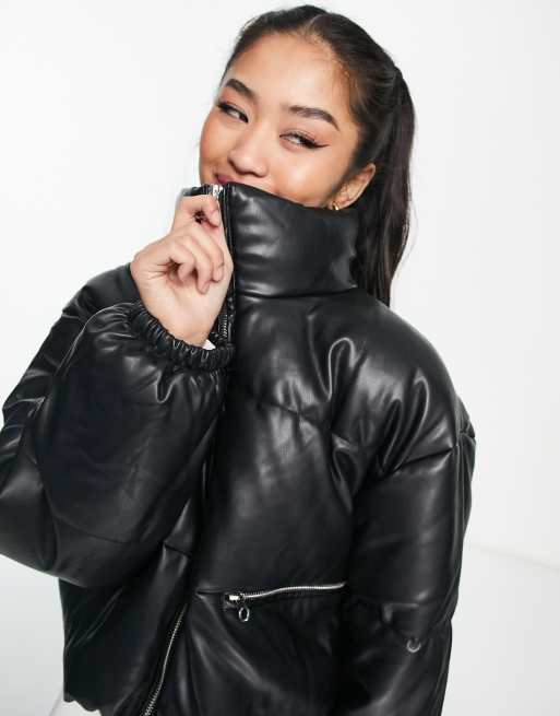 Pull&Bear cropped faux leather puffer jacket in black