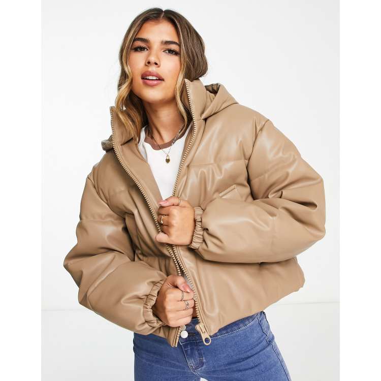 Faux leather puffer jacket with hood - Jackets - Women