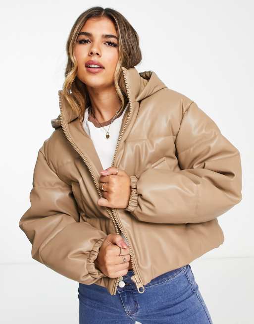 Leather puffer jacket store with hood