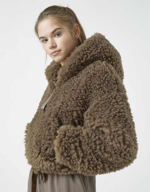 Pull&Bear cropped fluffy borg jacket in brown