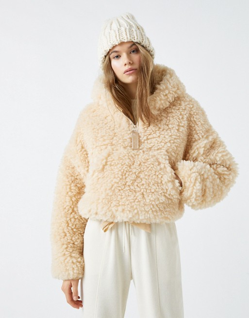 Pull&Bear cropped fluffy borg jacket in ecru