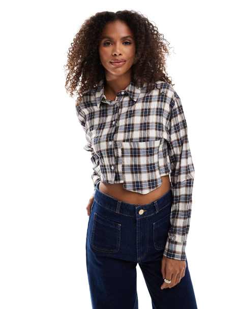 Pull&Bear - Cropped geruit overhemd in bruin - view 1