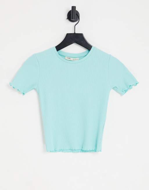 Pull&Bear - Cropped gestreept T-shirt met rolzoom in blauw
