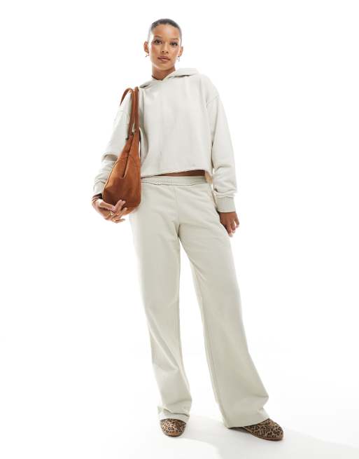 Pull&Bear - Cropped hoodie met onafgewerkte rand in ecru, deel van co-ord set