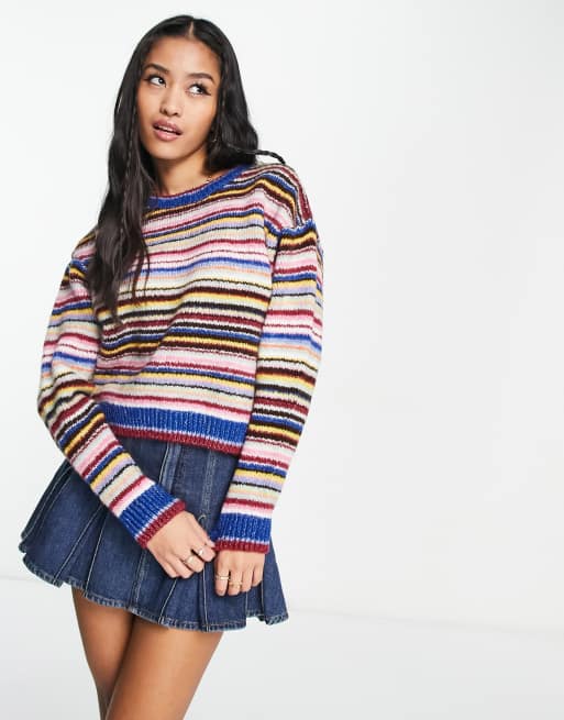 Pull&Bear cropped jumper in blue with contrast stripe detail ASOS