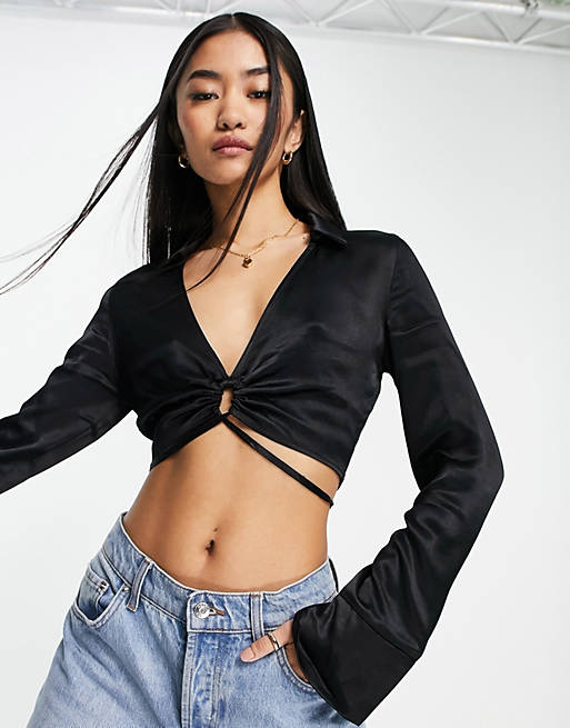  Pull&Bear cropped keyhole wrap around satin blouse in black 