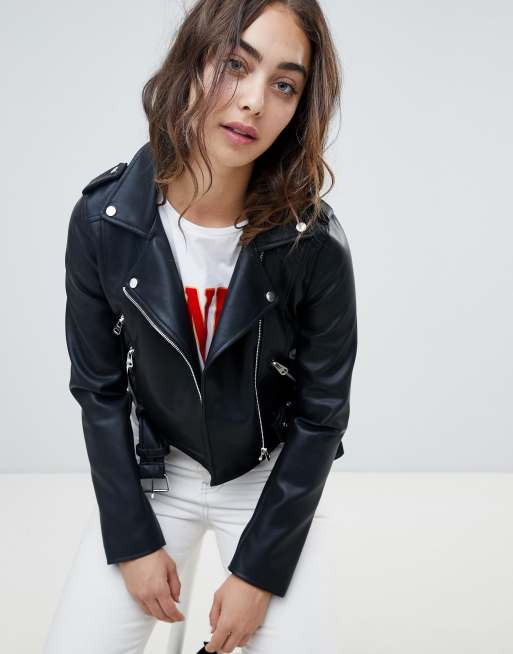 Pull&bear cropped leather look biker jacket in black | ASOS