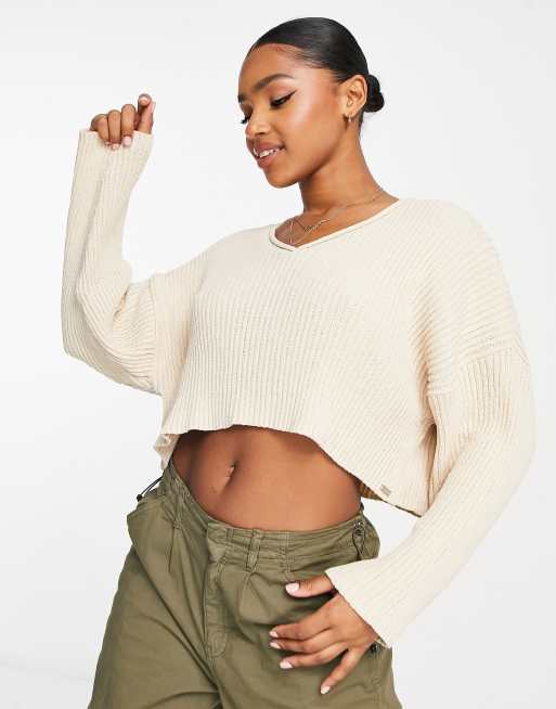 Pull Bear cropped long sleeve knitted jumper in stone ASOS