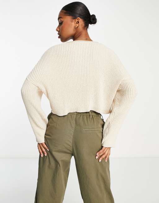 Pull Bear cropped long sleeve knitted sweater in stone ASOS