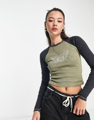 Pull&Bear cropped long sleeve top with contrast sleeve detail in khaki