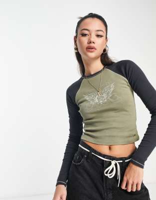 Pull & Bear Cropped Long Sleeve Top With Contrast Sleeve Detail In  Khaki-green