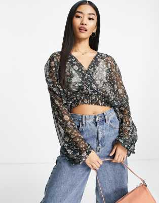 Pull&Bear cropped long sleeve v neck shirred shirt in black floral print