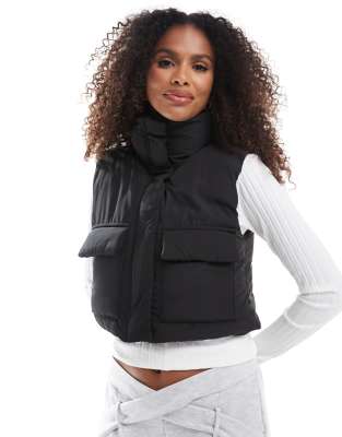 Pull & Bear cropped padded nylon gilet in black