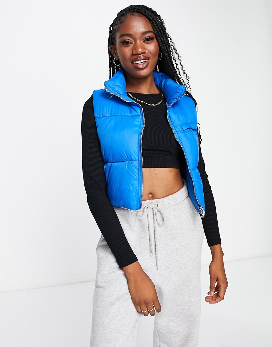 Pull & Bear cropped padded nylon gilet with zip detail in blue