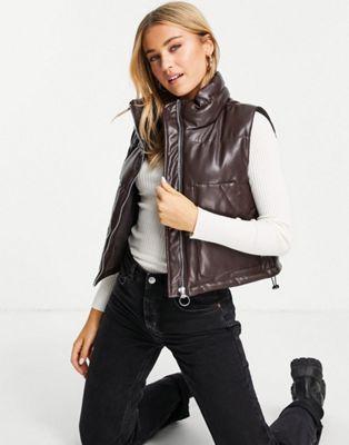 Pull&Bear cropped padded PU gilet with pockets in brown