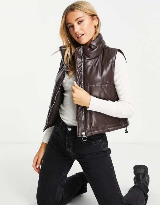 Pull&Bear cropped padded PU vest with pockets in brown