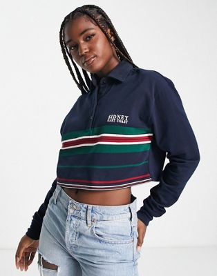 Pull&Bear cropped polo shirt in navy stripe