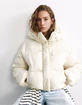 Pull & Bear Cropped Puffer Jacket With Hood In Neutral