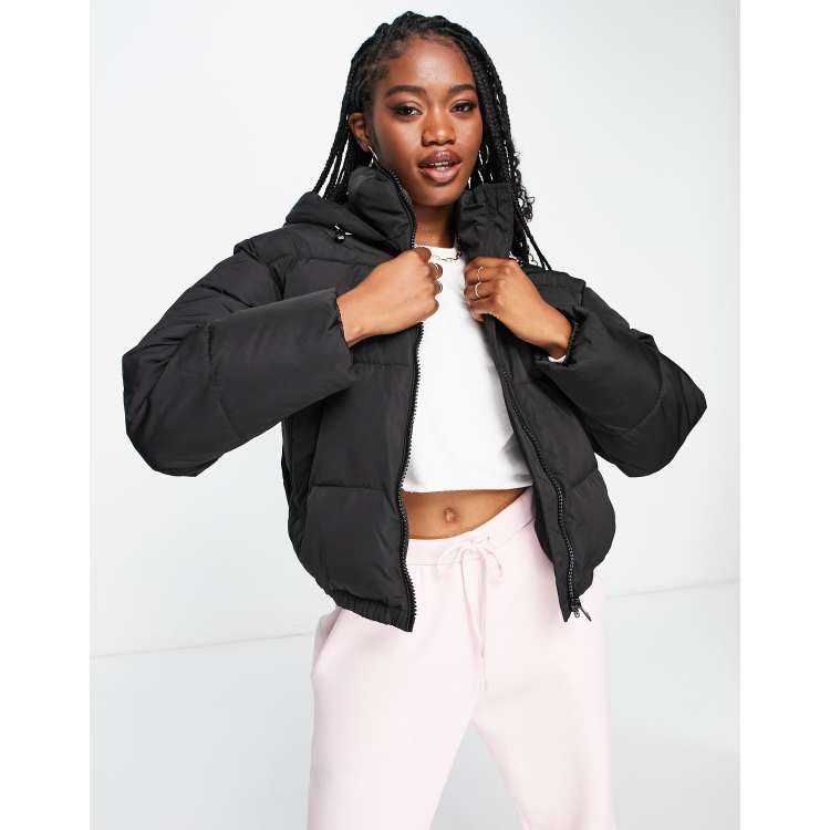 Pull&Bear cropped puffer jacket with hood in black