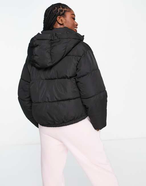 Pull&Bear cropped puffer jacket with hood in black