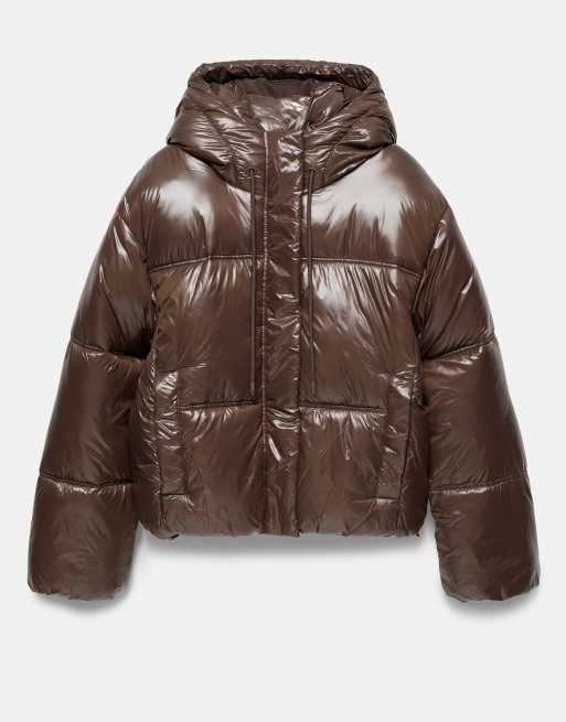 Pull&Bear cropped pufferjack met capuchon in bruin, 5 van 7