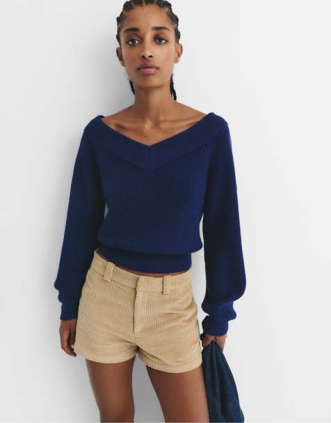 Pull&Bear Cropped purl knit sweater in navy