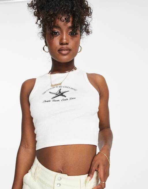 Pull&Bear cropped racer tank top with graphic print in stone