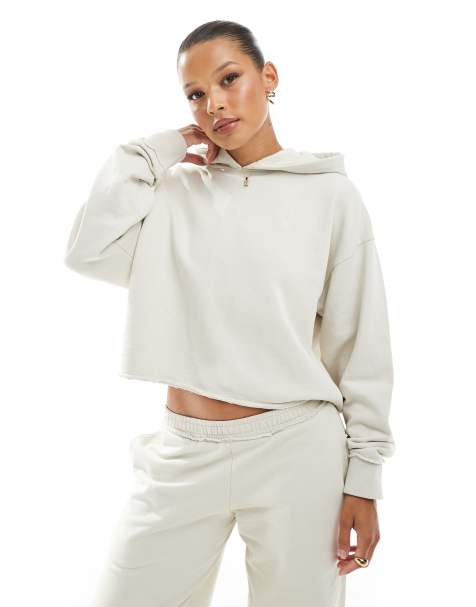 Pull&Bear cropped raw edge hoodie in ecru - part of a set - view 1