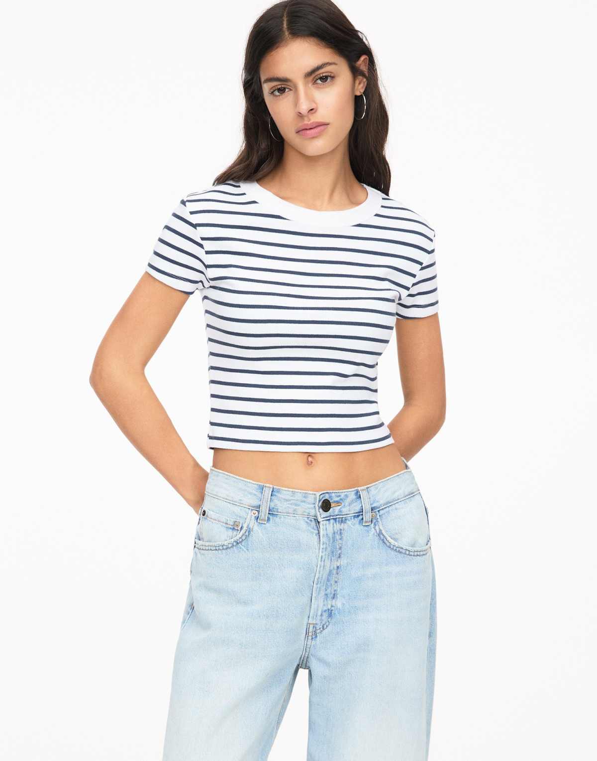 Pull&Bear Cropped ribbed t-shirt in striped