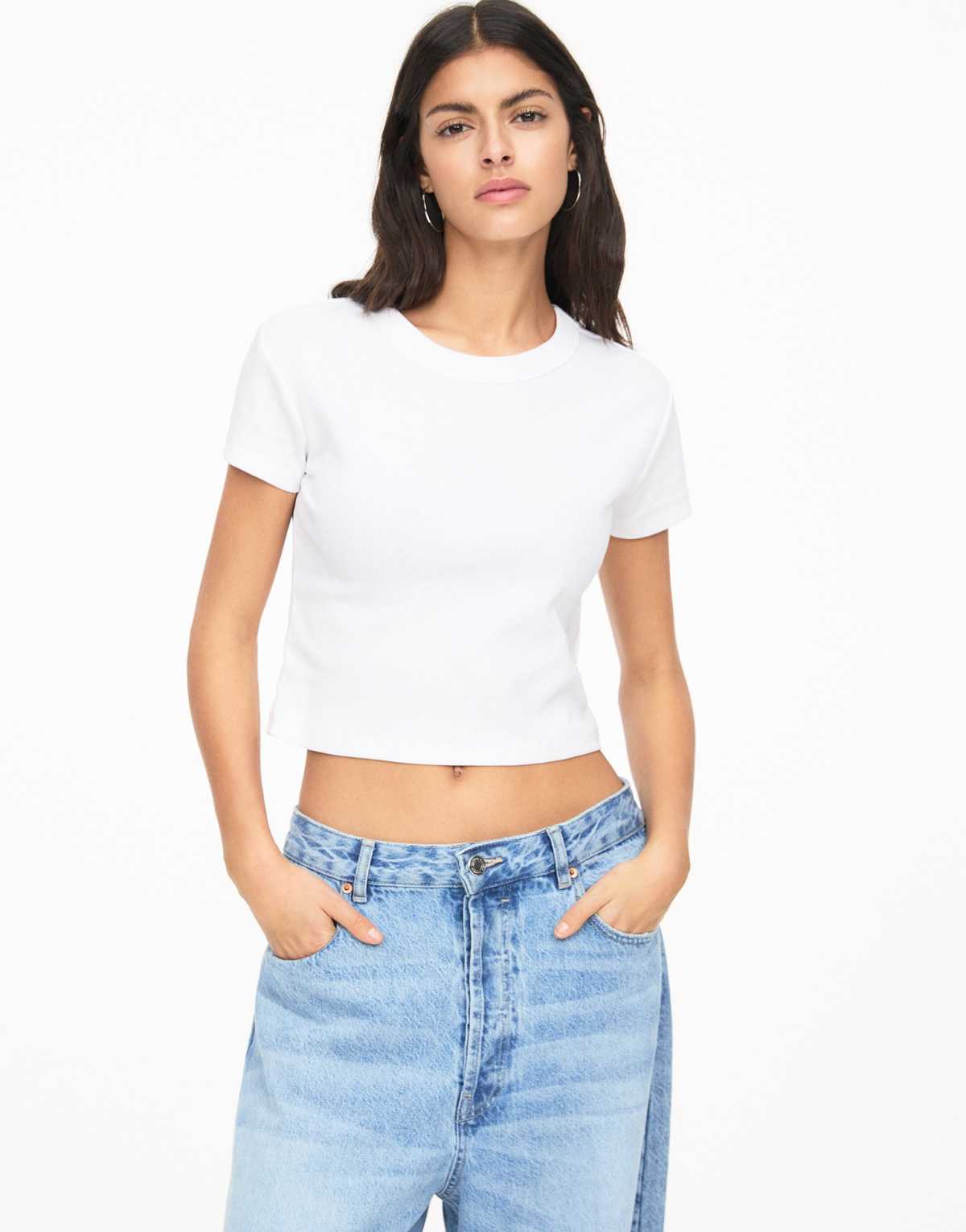 Pull&Bear Cropped ribbed t-shirt in white