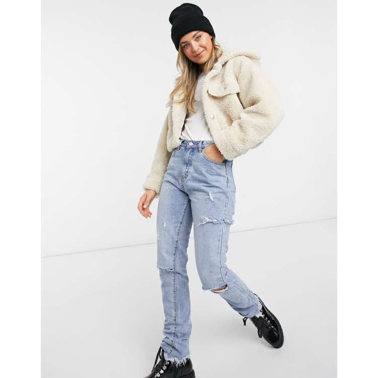 Pullu0026Bear cropped sherpa hooded jacket in beige | ASOS