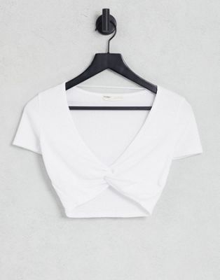 Pull&Bear cropped short sleeve wrap front detail t-shirt in white