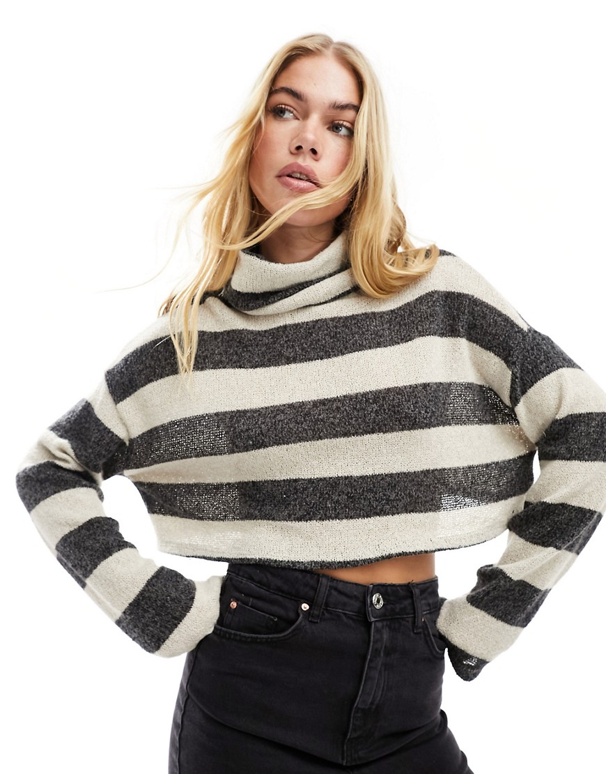 Pull & Bear Cropped Striped Long Sleeved Top In Gray