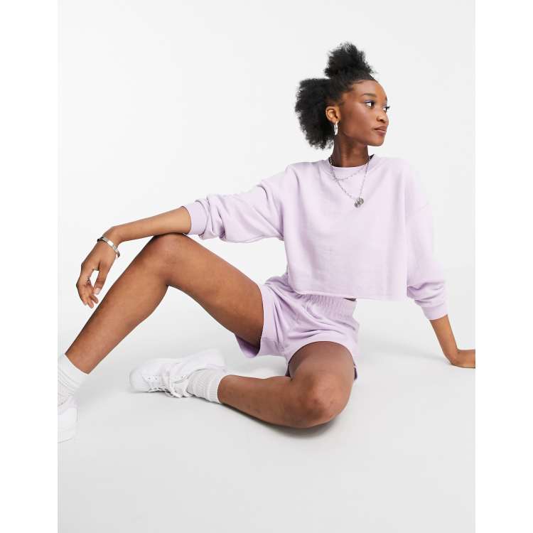 Pull&Bear cropped sweatshirt & shorts set in lilac